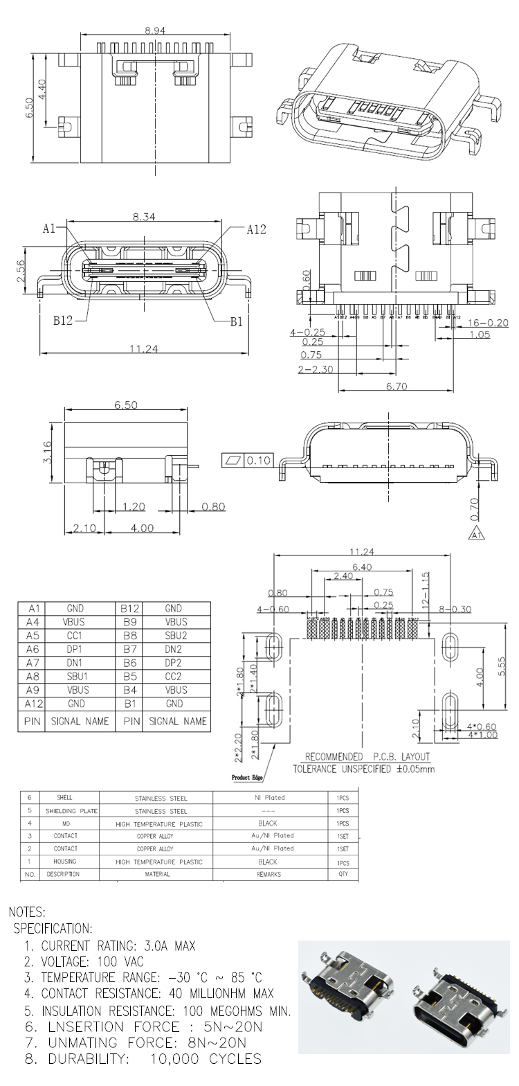 16 pin type c female connector