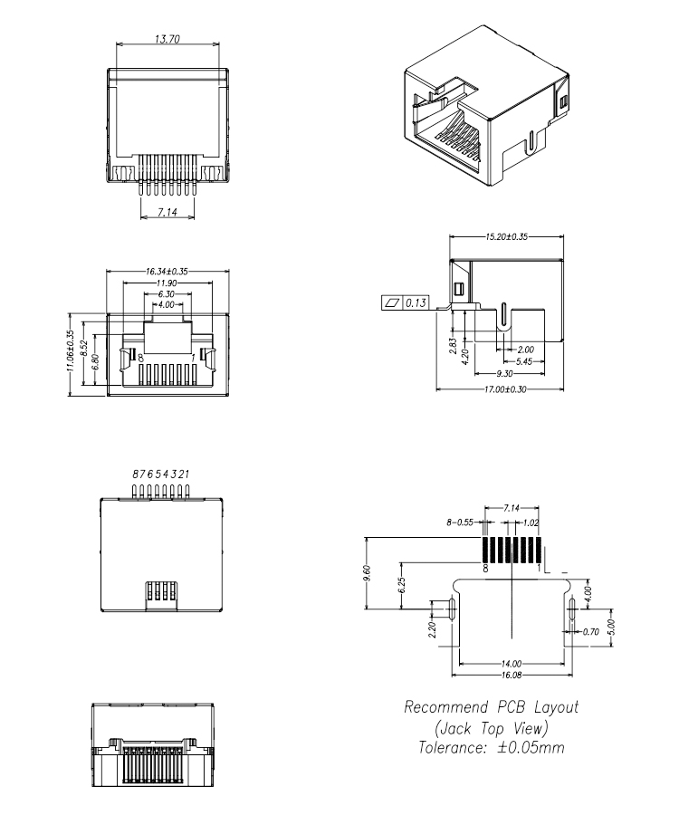 SMD Type RJ45 Connector Mid Mount 4.2MM Single Port RJ45 Female Connector