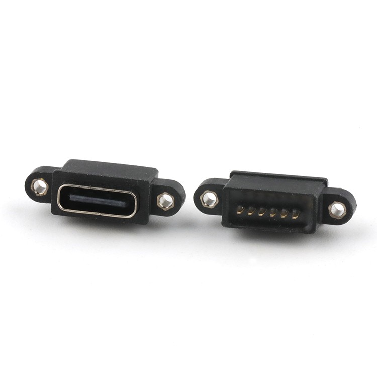 Dip Type IP68 Rated Waterproof USB C Female Connector Mid Mount 6Pin USB C Connectors