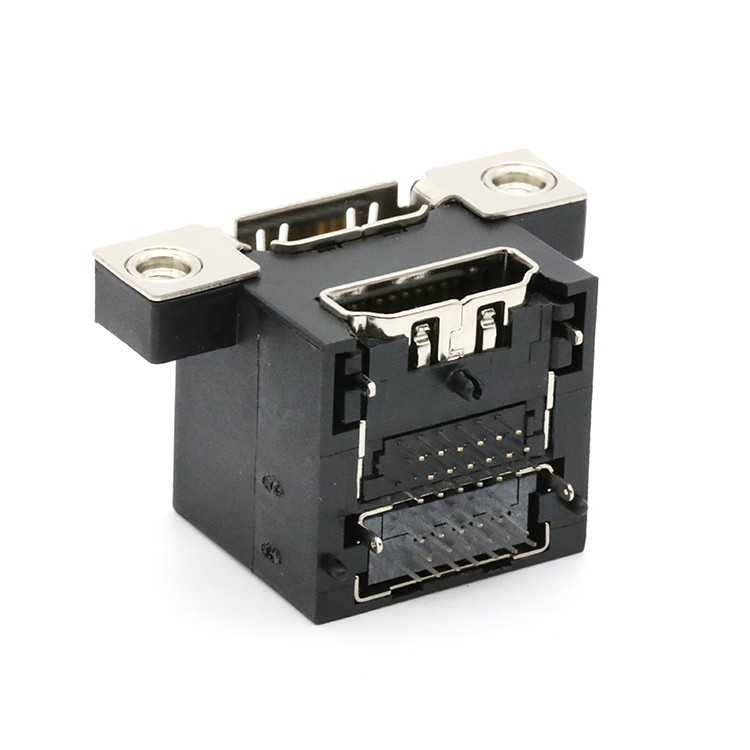 Dual Stacked Through Hole High Definition Multimedia Interface Female Connector with Screw